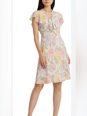 Lauren Ralph Lauren Black Label 
Floral Bubble Crepe Tie Neck Midi Dress 
Sz 6